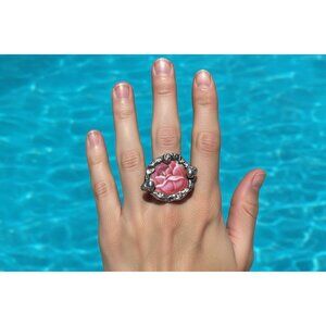 Vintage Floral Broken China Ring - Brutalist Silver Spoon Band Size 9